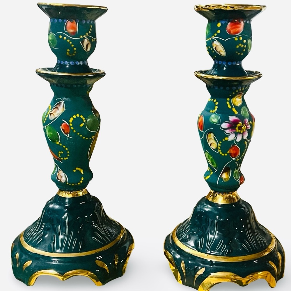 Vintage 50s Hubert Bequet Handpainted Floral Blue Green Candlesticks Pair